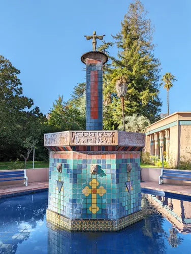 Ornate tiled fountain in the central plaza