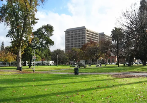 Open lawns and mature trees in the western half of St. James Park