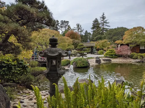 Traditional stone lantern overlooks serene pond with autumn foliage
