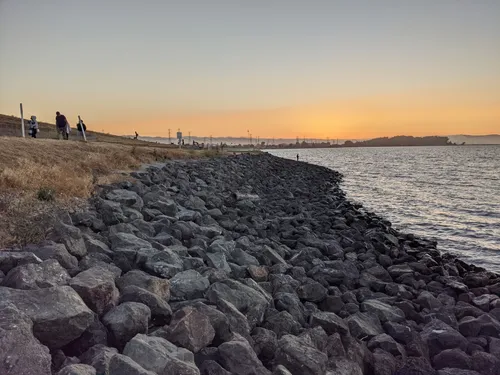 Rocky shoreline barrier against golden horizon