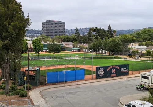An elevated view of the park's two baseball diamonds