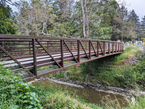 Wooden footbridge spans Saratoga Creek surrounded by greenery