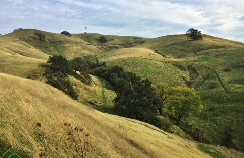 Green hills stretch across the landscape all the way to the horizon