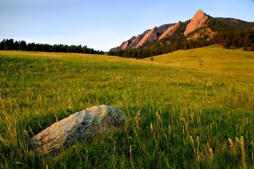 Boulder's Flatirons glowing warm at sunrise behind grassy meadow