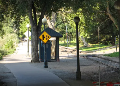 The Platte Valley Trolley tracks run through the park