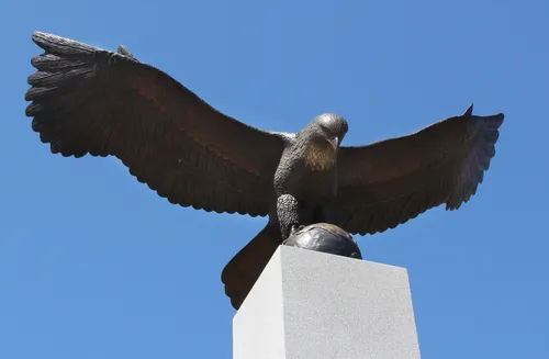 The majestic bronze eagle atop the Weld County Veterans Memorial