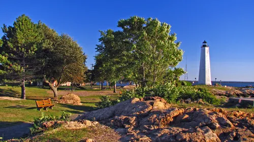 The park grounds with lighthouse in background