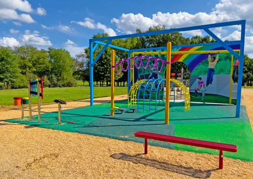 Colorful playground equipment provides recreation space in the park