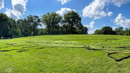 The art installation For the Living shows refugee routes on the lawn