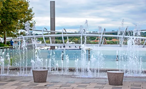 Jets of water spray from the Splash Pool fountains