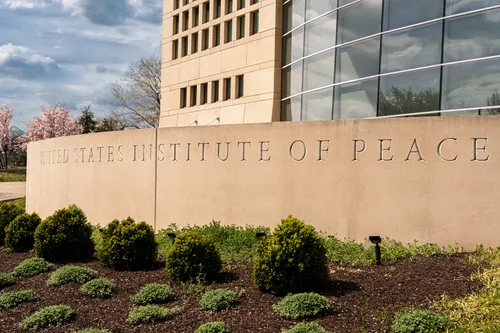 The entrance to the United States Institute of Peace building