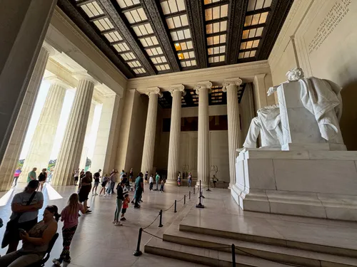 A wide-angle view of the Lincoln Memorial's impressive interior