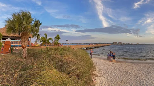 Sandy beach with palm trees and fishing pier