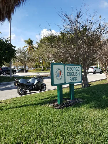 The entrance sign welcomes visitors to George English Park
