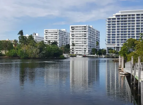 One of several waterfront docks extends along the calm waters