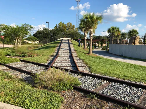 Railroad tracks on grassy landscaping