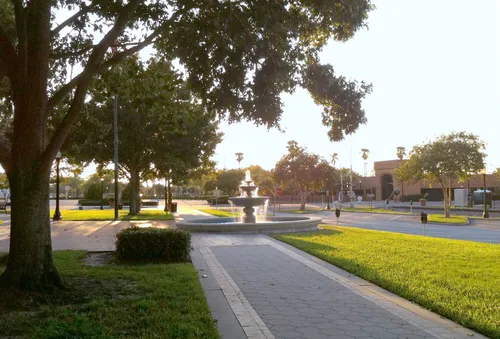 The park's fountain in morning light