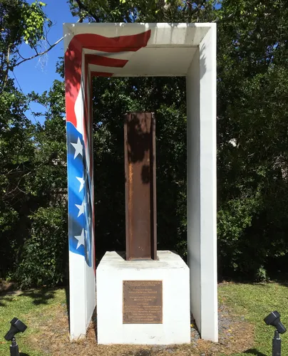 This memorial structure by artist Christian Bernard contains a World Trade Center beam