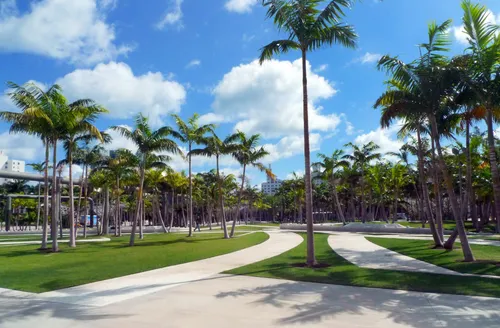 Walkways meander through the park's carefully landscaped palm garden