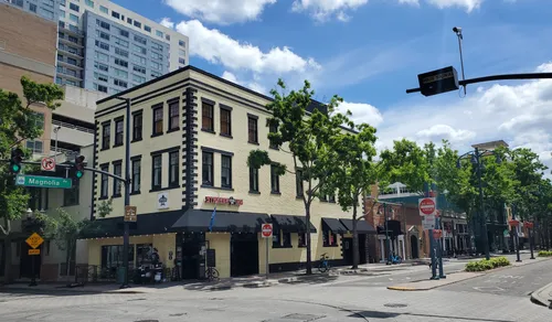 Historic buildings along Magnolia Ave next to the park