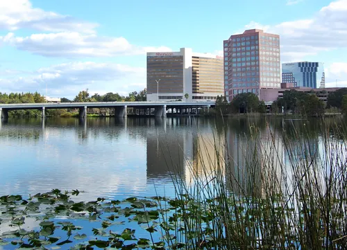 View of the lake's south section with tall buildings behind