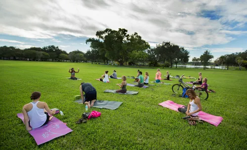 Outdoor yoga class on the park's north lawn