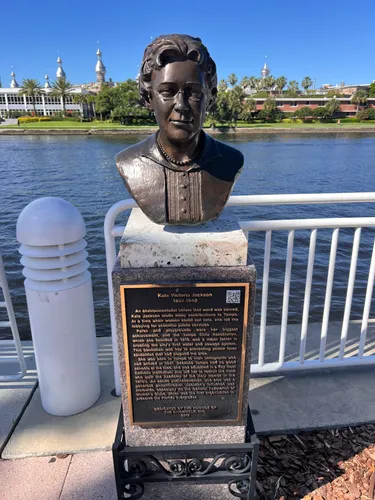 Bronze bust of Kate Jackson with informational plaque along the waterfront