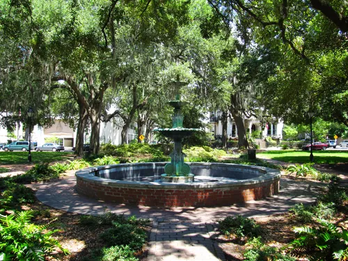 The fountain centerpiece surrounded by lush trees in the heart of Savannah