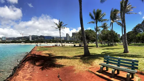 Beachside benches provide resting spots with ocean views