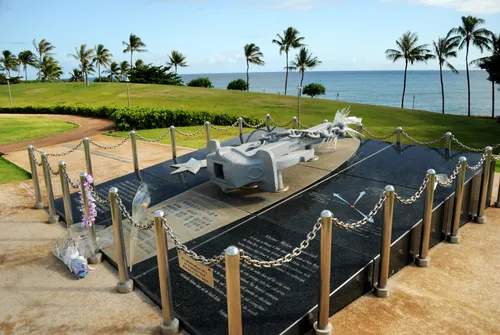 The Ehime Maru Memorial anchor and granite blocks with ocean views beyond