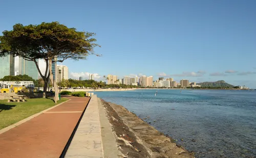Looking east along the park's waterfront promenade toward Diamond Head