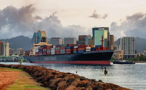 Cargo ship passing by the park's rocky shoreline