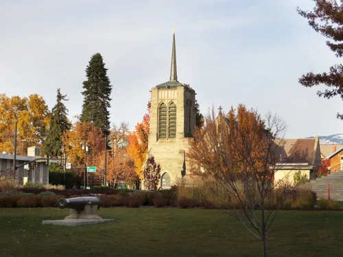 St. Michael’s Episcopal Cathedral rises just north of the park