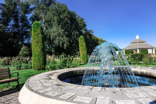 Circular fountain with the Rose Garden gazebo visible in the background