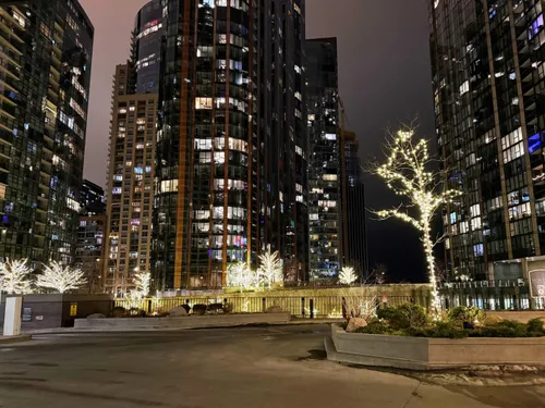 The park and its surroundings are lit up at night during the holiday season
