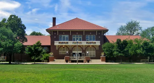 The park's field house viewed from across the open lawn