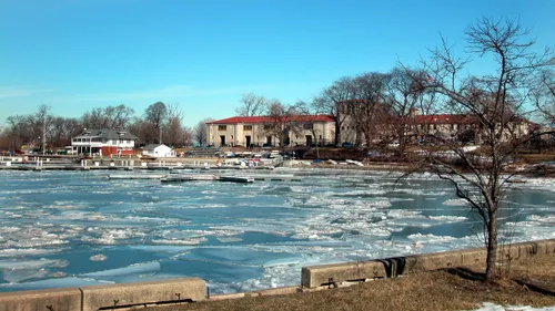 Winter view of ice-covered Jackson Park Outer Harbor