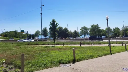 Footpaths in the park's east section with Lake Michigan in the background