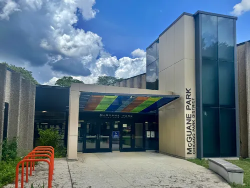 The entrance of the McGuane Park Fieldhouse