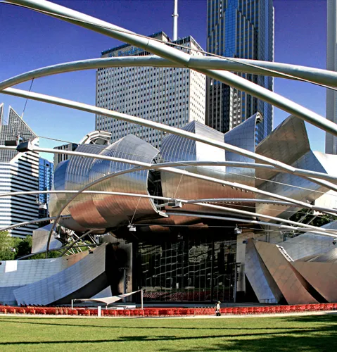 Closeup of the flowing metallic curves of Jay Pritzker Pavilion