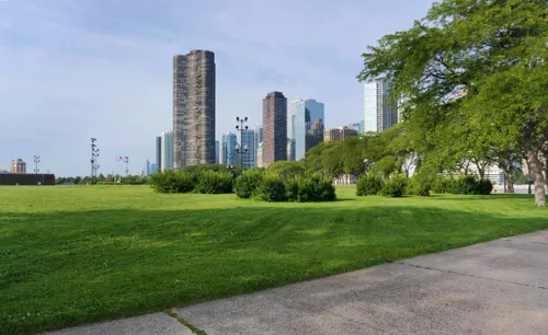 Large green lawns make up the park grounds