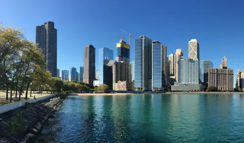 Looking south along the park's shoreline toward downtown Chicago