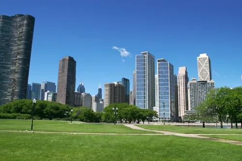 The park's open green space with the Chicago skyline behind it