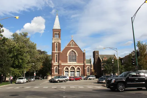 Saint Sylvester Church stands at the east end of the park