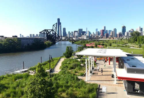 Water taxi dock with Chicago skyline backdrop along the riverfront