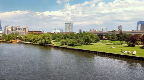 The park's lush green spaces border the South Branch Chicago River