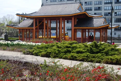 Chinese architecture surrounded by seasonal plantings