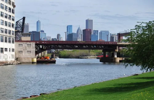 South Branch Chicago River with downtown skyline in the distance