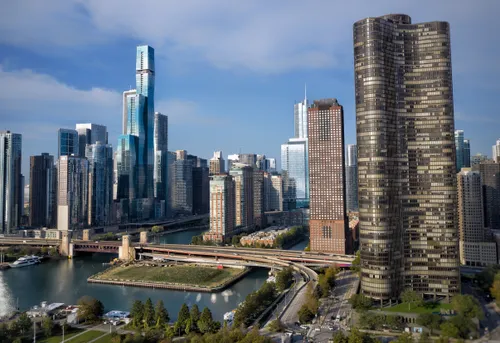 Chicago skyline with the park grounds visible on the bottom of the image
