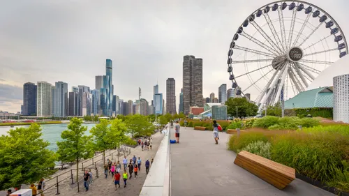 Looking back toward Chicago from Navy Pier with Centennial Wheel in view
